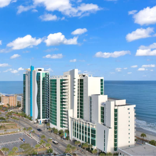 Aerial view of Sandy Beach Resort overlooking the Atlantic Ocean in Myrtle Beach, South Carolina